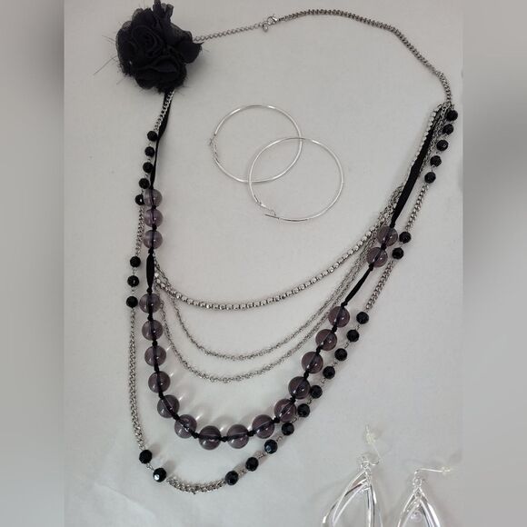 5 Piece Jewelry Bundle Black Silver Diamonds Kitschy Flapper 50s Gatsby Hoop - Picture 4 of 12